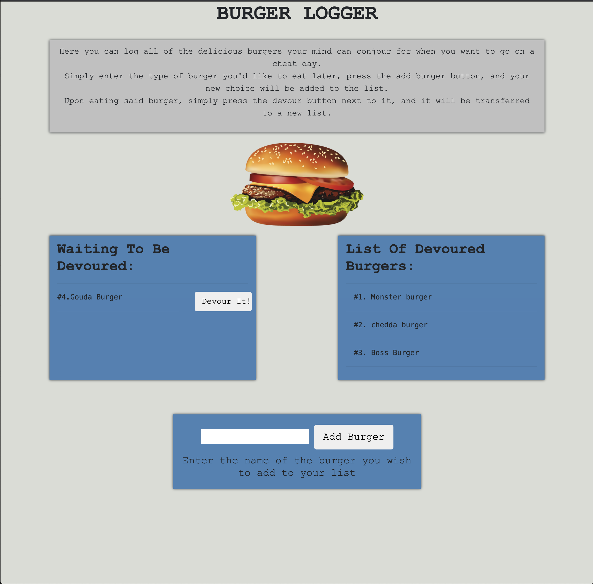 Screenshot of burger-logger website