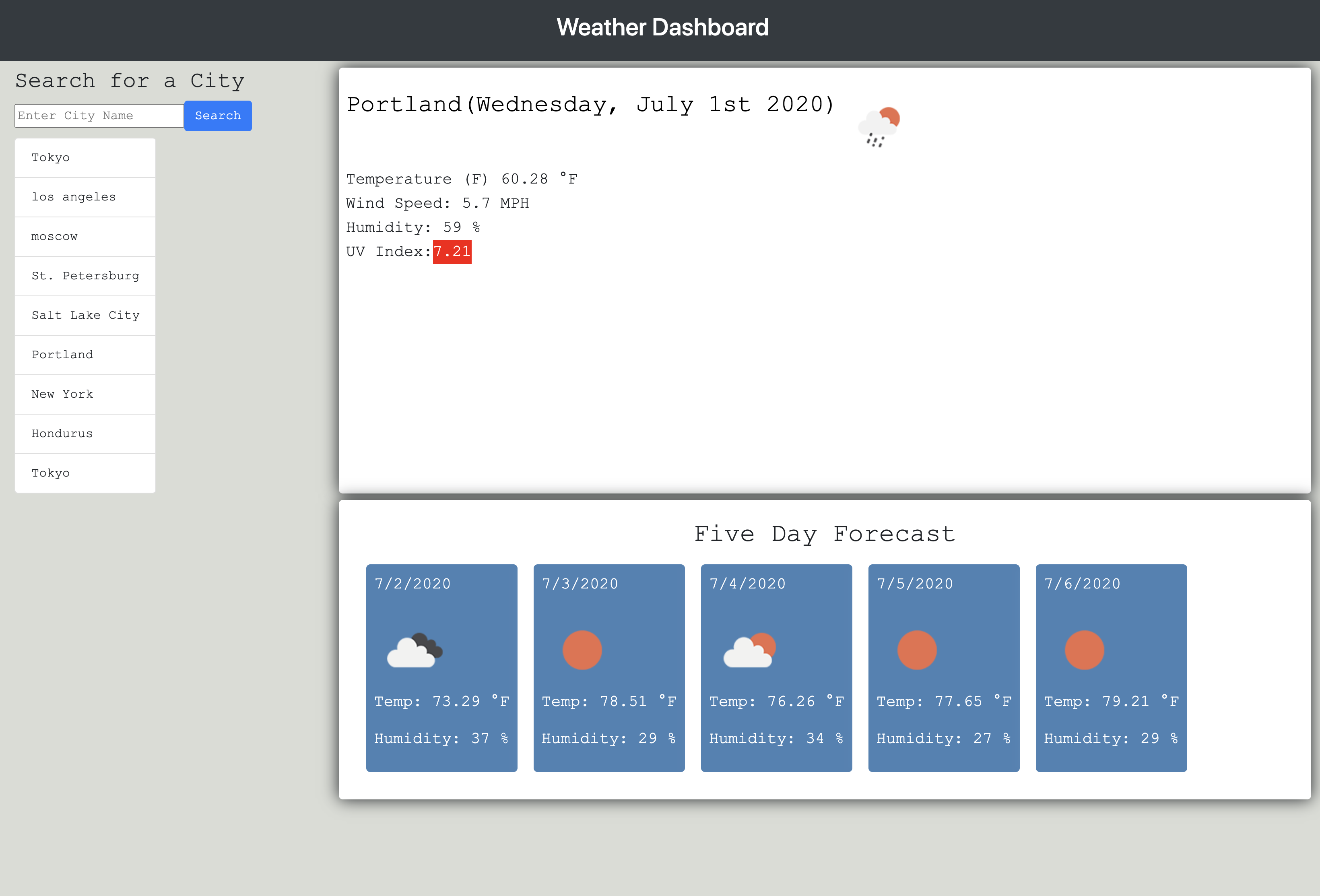 Screenshot of Weather Dashboard Website